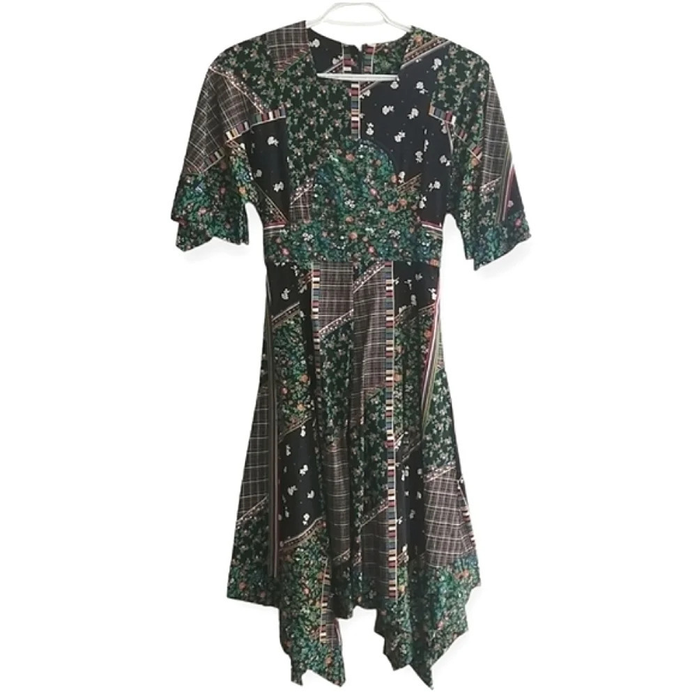 Vintage Union Made USA '70s Plaid and Floral Patchwork Midi Dress Cottage XS/S